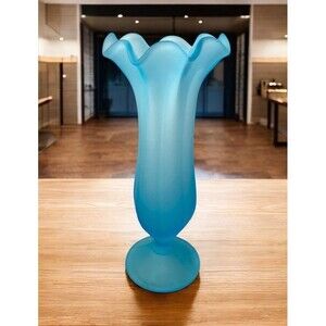 Westmoreland Colonial Glass Vase Blue Frosted Satin Ruffle Rim Round Base 12.5"T